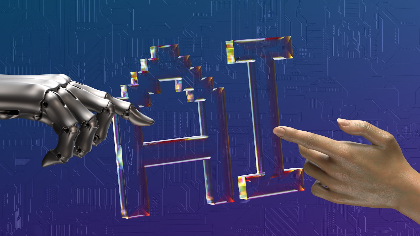 Robot and human hands reaching toward each other over glowing AI text, representing the intersection of human business and artificial intelligence